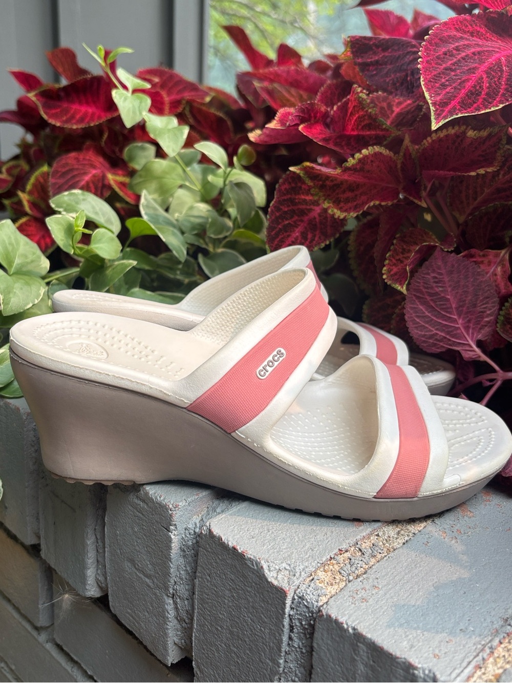CROCS Shima Wedge Sandals in Pink and White Double Strap